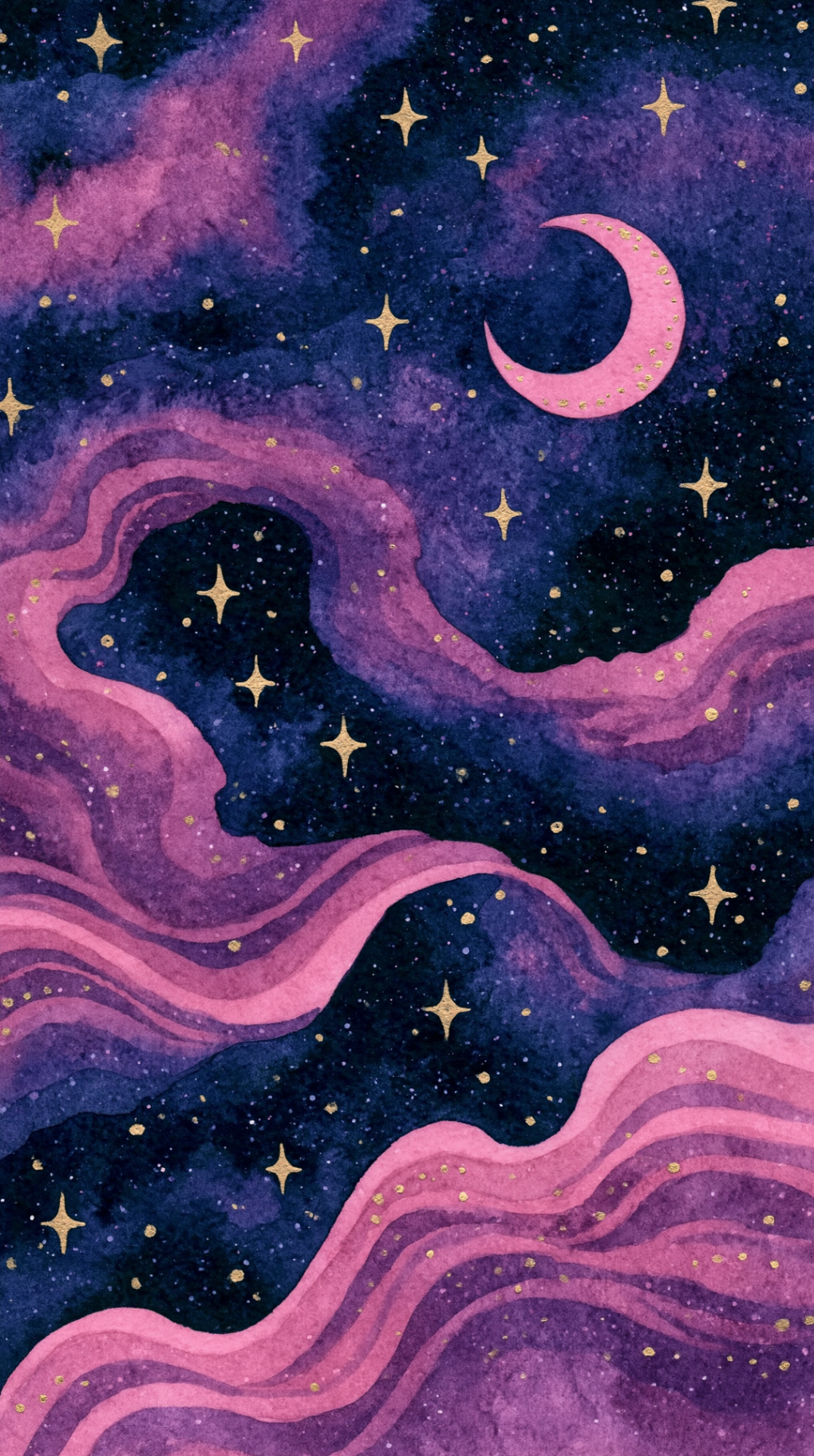 Watercolor galaxy with crescent moon